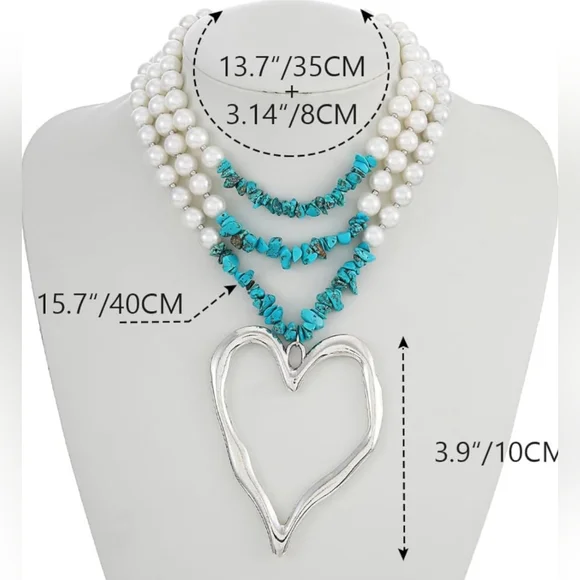 Heart Necklace Silver Pendant Turquoise and Pearl Strands - Picture 6 of 11